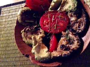 Grilled Eggplant, Tomato and Avocado salad on plate